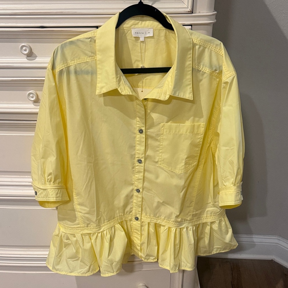 entro Soft Yellow Ruffle-Hem Button Down Shirt